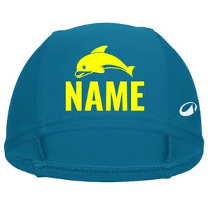 Children's swimming cap with name and animal print. Swimming cap, gift for starting school, swimming lessons, or swimming. Deep Blue - Größe M