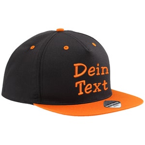 Snapback Basecap Baseball Cap bestickt mit Ihrem Namen / Wunschtext Mütze Cappy Black / Orange