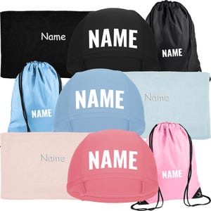 Set mit Namen bedruckt Kinder-Badekappe + Turnbeutel + Handtuch bestickt Neue Farben