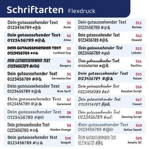 Puede incluir: Un gr&aacute;fico de diferentes fuentes con el texto "Dein gutaussehender Text" y los n&uacute;meros 0123456789 #@& mostrados en cada fuente. Las fuentes est&aacute;n etiquetadas con los n&uacute;meros S1 a S20 y los nombres de las fuentes se enumeran debajo de cada n&uacute;mero. El gr&aacute;fico est&aacute; titulado "Schriftarten Flexdruck".