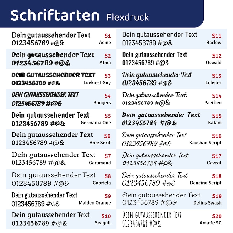 Puede incluir: Un gr&aacute;fico de diferentes fuentes con el texto "Dein gutaussehender Text" y los n&uacute;meros 0123456789 #@& mostrados en cada fuente. Las fuentes est&aacute;n etiquetadas con los n&uacute;meros S1 a S20 y los nombres de las fuentes se enumeran debajo de cada n&uacute;mero. El gr&aacute;fico est&aacute; titulado "Schriftarten Flexdruck".