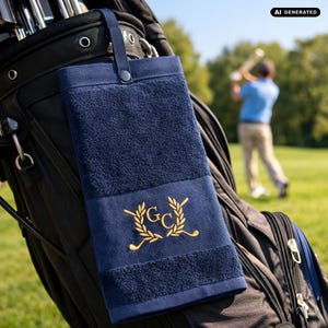 Könnte beinhalten: Ein marineblaues Golftuch mit einem goldenen Stickemblem der Buchstaben GC, umgeben von einem Lorbeerkranz und gekreuzten Golfschlägern. Das Tuch besteht aus strukturiertem Stoff und verfügt über ein dunkelblaues Band mit einem Metalldruckknopf.