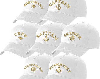 Basecap weiß bestickt mit Motiv Captain Anker Kapitänsmütze Kapitän Steuermann Mütze Cappy Skipper Crew Kompass