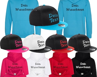 Set Kids Hoodie bedruckt + Kinder Snapback Cap mit Wunschtext bestickt Mütze Kapuzensweatshirt