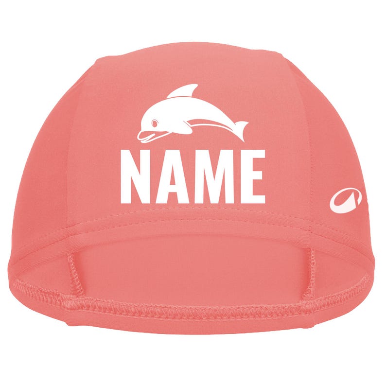 Children's swimming cap with name and animal print. Swimming cap, gift for starting school, swimming lessons, or swimming. Coral -Größe M