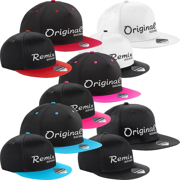 Set Snapback + Kinder Basecap bestickt mit Original und Remix Motiv + Datum Kindermütze Kids Cappy