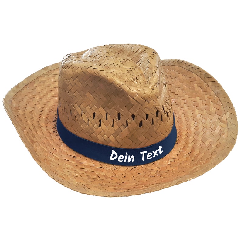 10er Pack Strohhut dunkel bedruckt mit Wunschtext / Name auf farbigen Hutband Party Sonnenhut Partyhut JGA Junggesellenabschied Vatertag Dunkelblau