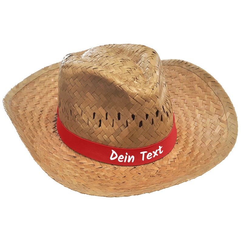 10er Pack Strohhut dunkel bedruckt mit Wunschtext / Name auf farbigen Hutband Party Sonnenhut Partyhut JGA Junggesellenabschied Vatertag Rot