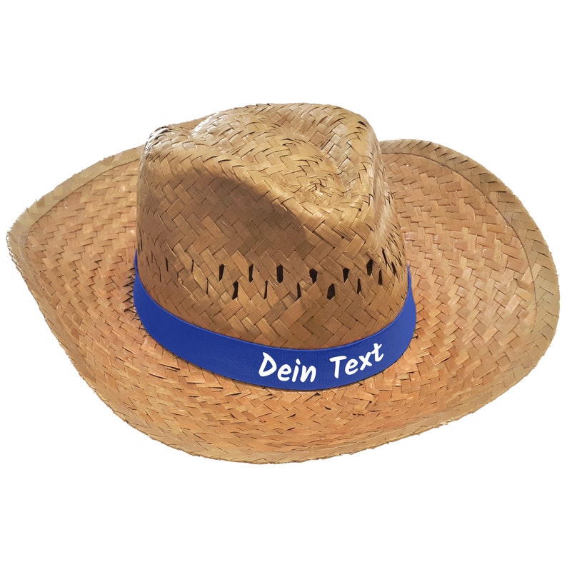 10er Pack Strohhut dunkel bedruckt mit Wunschtext / Name auf farbigen Hutband Party Sonnenhut Partyhut JGA Junggesellenabschied Vatertag Royalblau