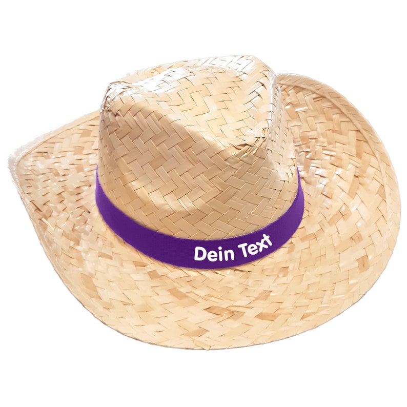 Chapeau de paille imprimé de couleurs vives avec le texte/nom souhaité sur le bandeau coloré Chapeau de soleil Majorque Chapeau de fête JGA Enterrement de vie de garçon Fête des pères Oktoberfest Lila