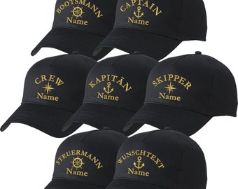 Basecap schwarz bestickt mit Motiv + Name Kapitänsmütze Captain Anker Kapitän Steuermann Mütze Cappy Skipper Crew Kompass