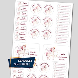 Schulstarter Set / 60 Aufkleber - Einhorn Aquarell