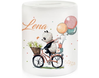 Money box with name - panda with bicycle