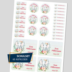Schulstarter Set / 60 Aufkleber - Elefanten Mädchen