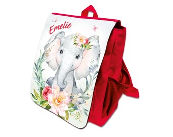 Children's Backpack with Name - Elephant Girl Watercolor