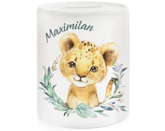 Money Box with Name - Little Lion Watercolor