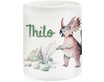Money Box with Name - Dinosaur Watercolor