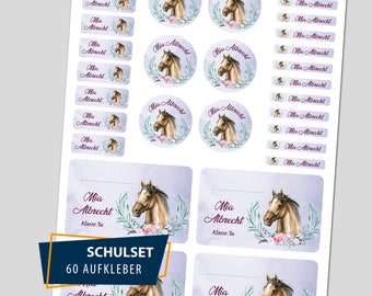 Schulstarter Set / 60 Aufkleber - Pferd Aquarell