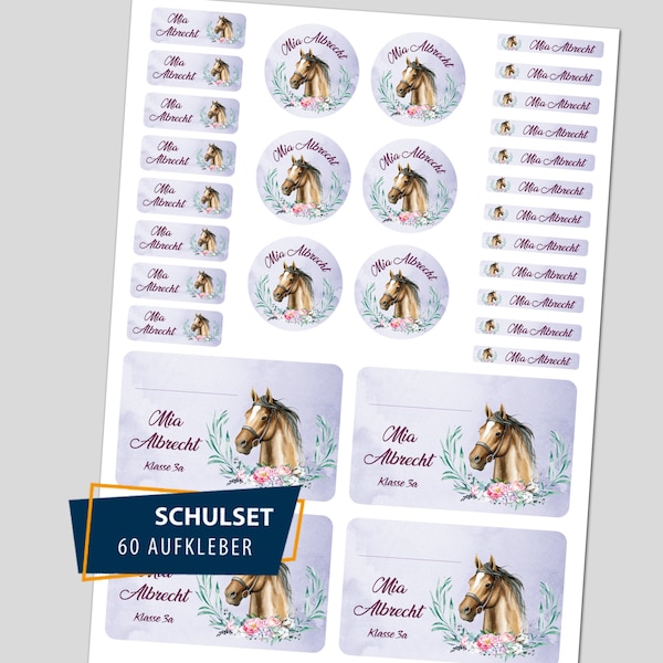 Schulstarter Set / 60 Aufkleber - Pferd Aquarell