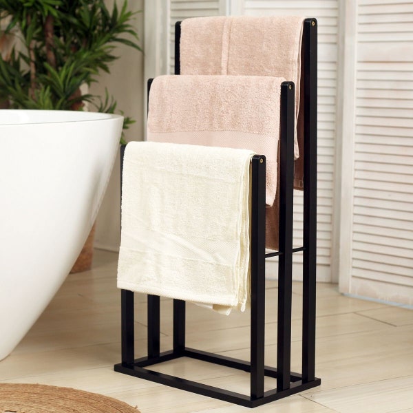 Froppi Bamboo Free Standing Towel Rack, Wooden Towel Holder and Ladder with 3 Bars