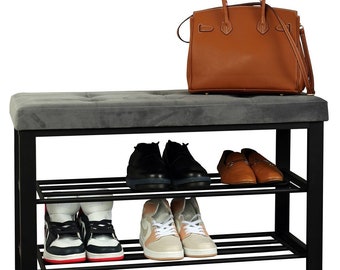 Premium Metal Shoe Storage Bench, 2-Tier Black Shoe Shelf and Rack with Cushion Seat by Froppi