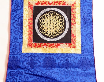 Om Mandala Thangka dipinto a mano in cornice di broccato Nepal Buddismo No.36 Meditazione