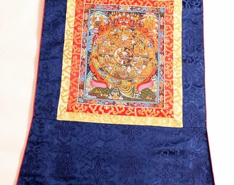 Wheel of lifeThangka hand-painted in brocade frame Nepal Buddhism No.38 Meditation