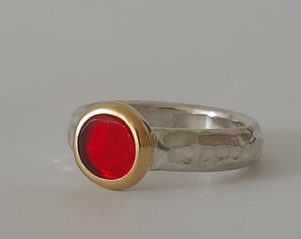 Ruby crystal glass ring, antique ruby crystal glass, gold silver ring, red ring, hammered ring, cult ring, ruby crystal