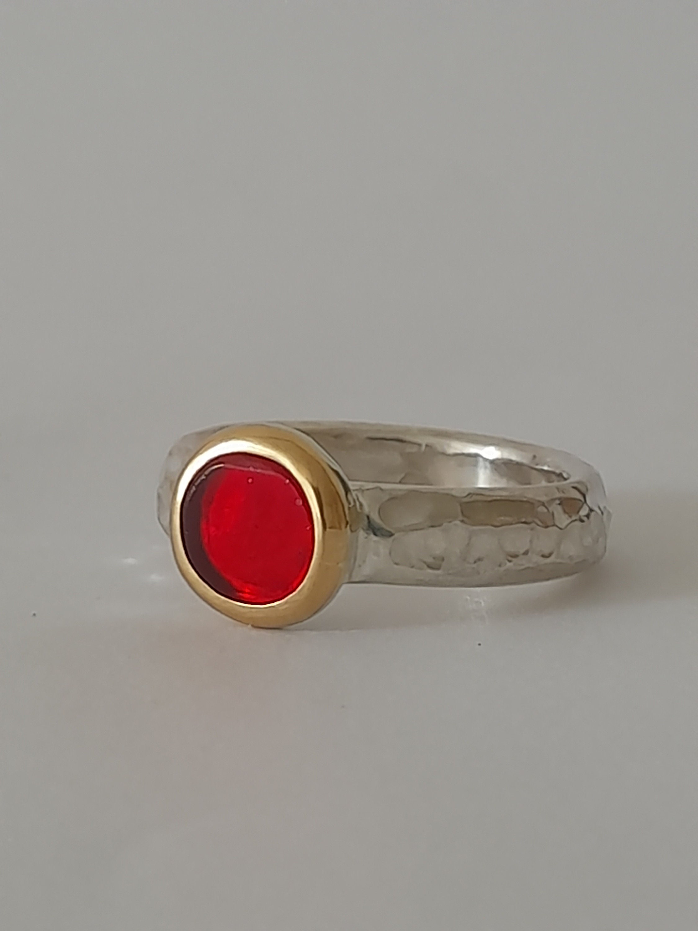 Ruby crystal glass ring, antique ruby crystal glass, gold silver ring, red ring, hammered ring, cult ring, ruby crystal