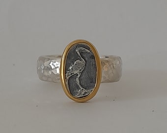 Kranich Ring, Kranichring, Vogel Ring, Ring Gemme, Intaglio Ring, Münzring, Münzenring, Ring antike Münze, Friedensring, Ring Wachsamkeit