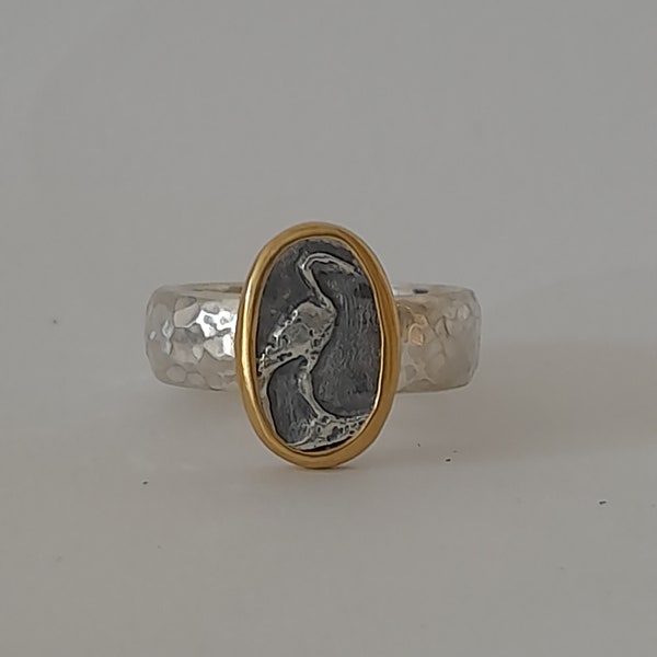 Kranich Ring, Kranichring, Vogel Ring, Ring Gemme, Intaglio Ring, Münzring, Münzenring, Ring antike Münze, Friedensring, Ring Wachsamkeit