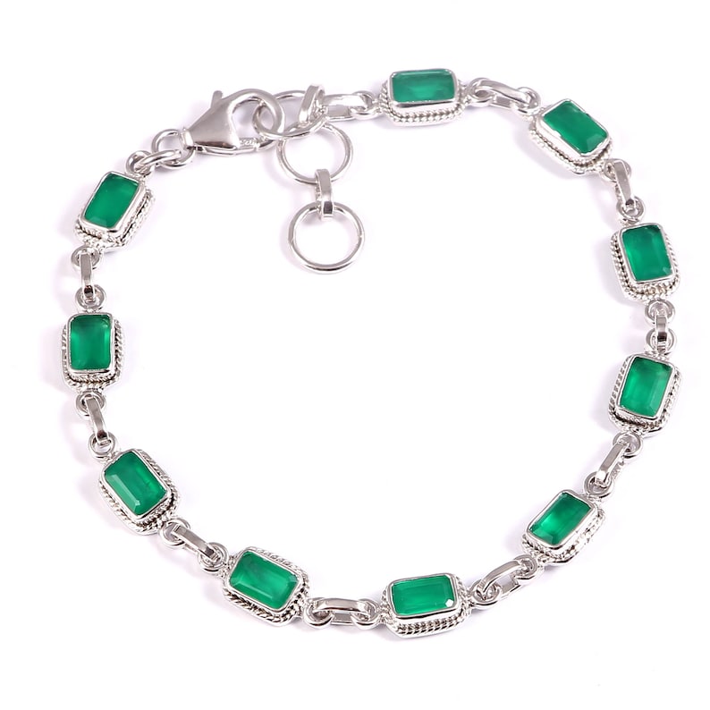 925 Solid Sterling Silver Green Onyx Gemstone Bracelet Octogan Shape Cut Stone