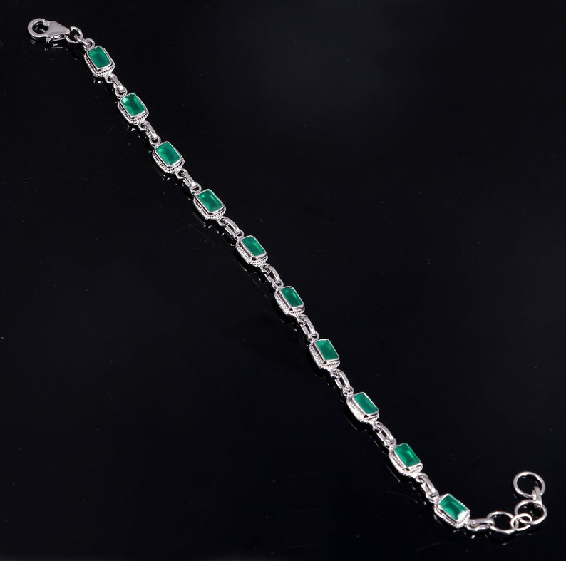 925 Solid Sterling Silver Green Onyx Gemstone Bracelet Octogan Shape Cut Stone