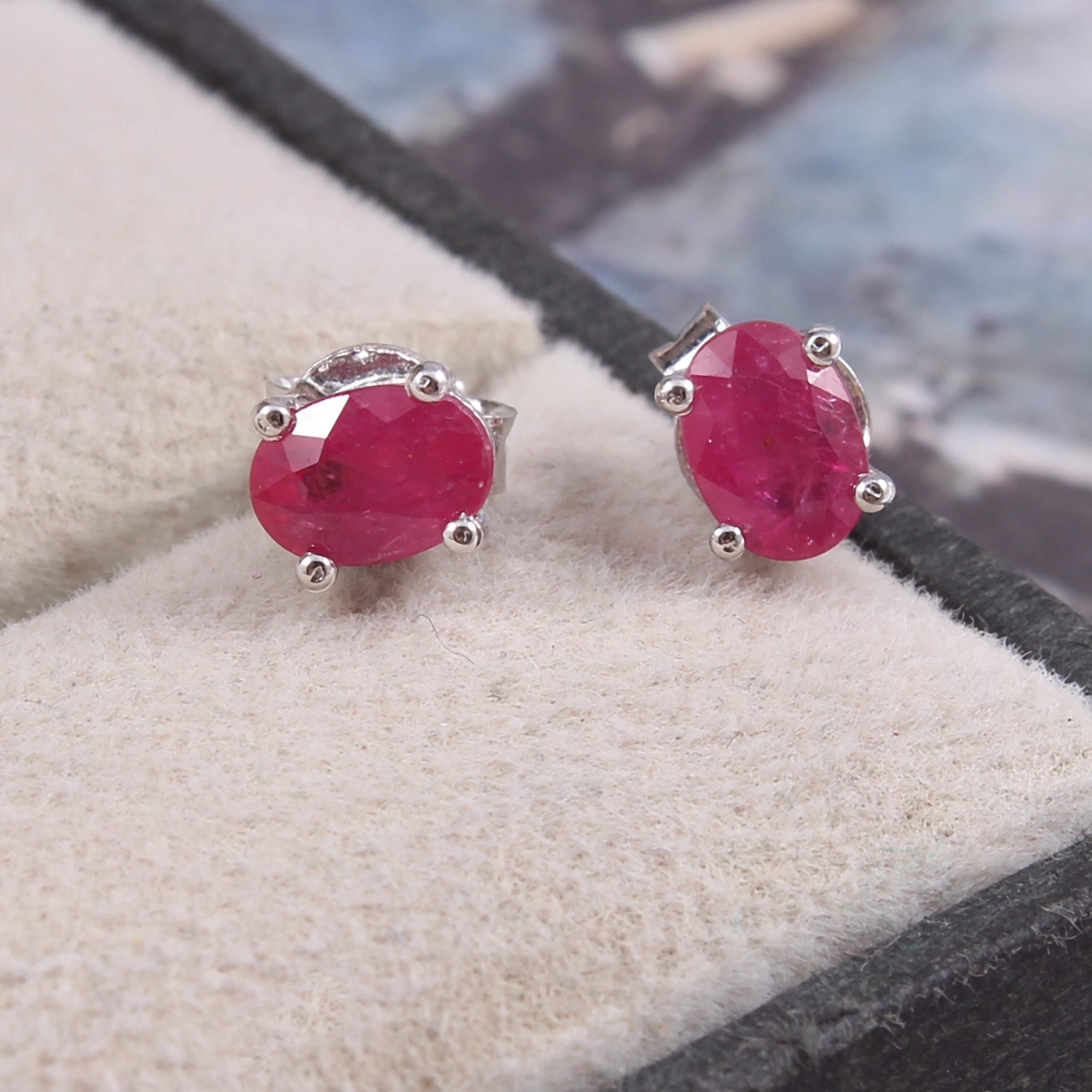 Natural Ruby Stud Earrings Cut Oval Shape Stone 925 Sterling | Etsy