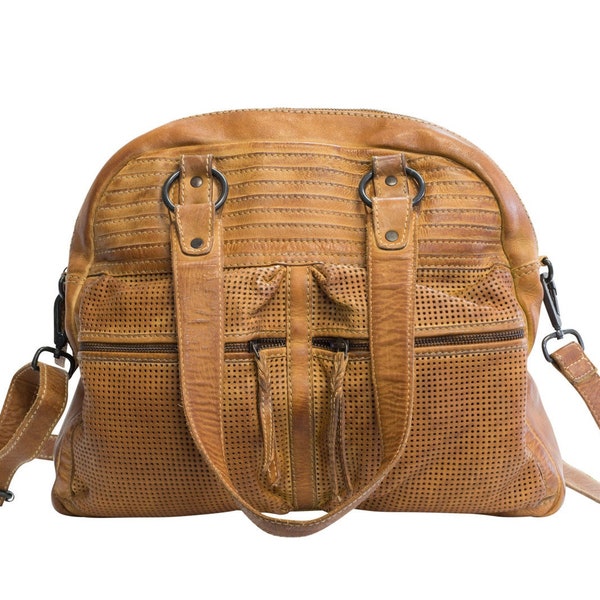 Vintage Ledertasche Cognac | Reisetasche | Weekender Tasche | Duffel Bag | Henkeltasche | Ledertasche Unisex | Umhängetasche (Henrietta)