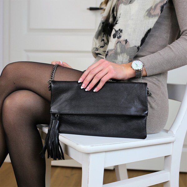 manbefair Falt Clutch Ally Leder schwarz