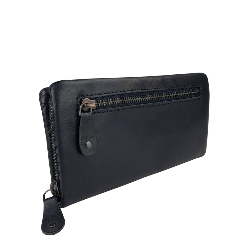 May include: A black leather wallet with a zipper closure. The wallet has a flap with a zippered pocket.