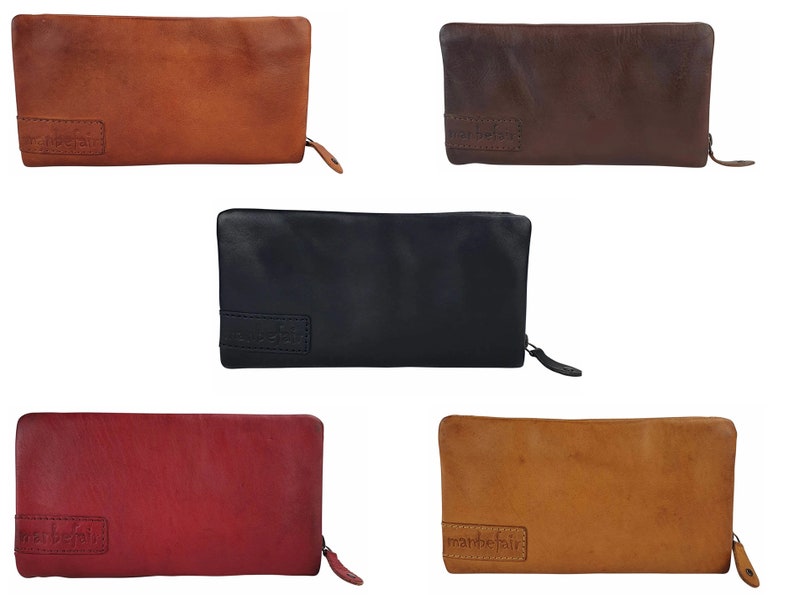 May include: Five leather zippered pouches in different colors: brown, dark brown, black, red, and light brown. Each pouch has the word "marblefair" embossed on the front.