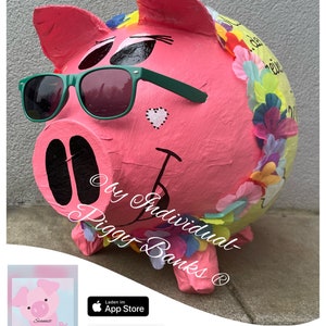 Sparschwein XXL Hippy Sau Hawaii Schwein Retrolook HULA Geldgeschenk Geburtstag Hochzeit Geldgeschenk Kartenbox zdjęcie 1