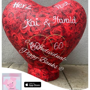 Scatola per biglietti XXL a forma di cuore, busta per registratore di cassa, scatola a forma di busta per registratore di cassa, cuore XXL, con rose rosse, matrimonio, compleanno, tripla scatola per feste