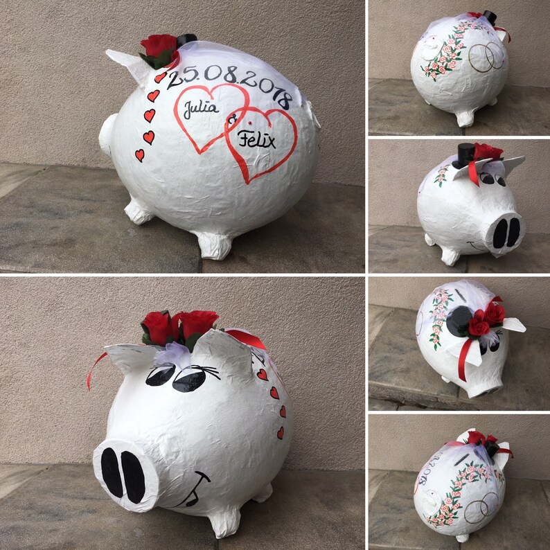 Piggy bank XXL wedding money gift card box pig rose vine ...
