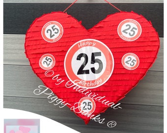 Pinata Herz rot XL 25. Geburtstag Geldgeschenk Geschenkbox Füllbox Wunschfarbe Herz Valentin 52 x 44