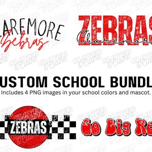 May include: A digital download bundle of four school-themed graphics. The graphics feature the words "Claremore Zebras" in black and white, "Zebras Claremore" in red, "Zebras" in white on a red circle with a chequered background, and "Go Big Red!" in red with a black outline.