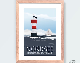 Nordsee - Roter Sand Poster - Nordsee Poster - Leuchtturm Poster - Leuchtturm Roter Sand - Reise, Dekoration, Wandkunst, Deutschland Poster