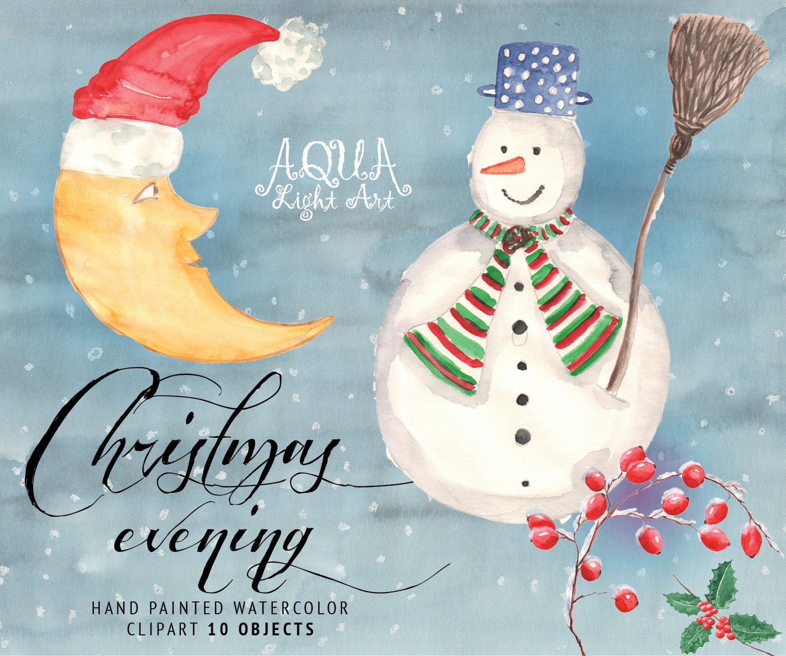 The Moon Christmas Eve 2022 Watercolor Christmas Eve Clipart Hand Painted Clipart Instant | Etsy Ireland