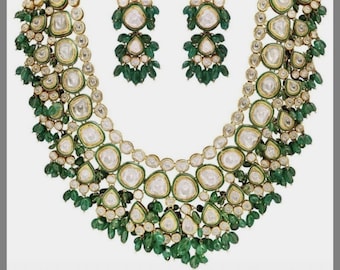 VeroniQ Trends-Designer Rani Haar Meenakari Kundan Necklace with Green Quartz Beads-Bridal-Wedding-Engagement-Party-Polki Necklace