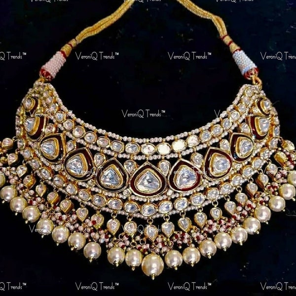 VeroniQ Trends-Elegant Bridal Real Look Polki Kundan Choker Necklace-Bridal-Wedding-Engagement-Party-Thappa Necklace-South Indian Jewelry