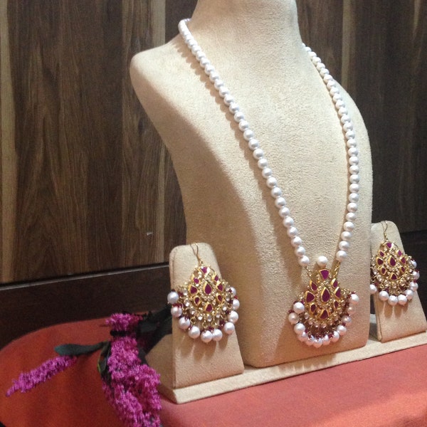 22 KT Gold Plating Silver Moissanite  Hyderabadi Style Raani Haar necklace set -earrings in South Sea Pearls with Moissanite Stone-Wedding.