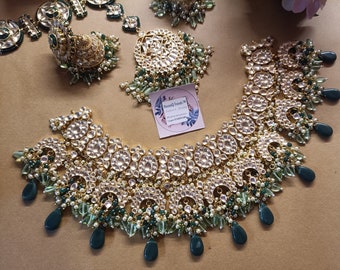 VeroniQ Trends-Heavy Bridal Necklace in Handmade Kundan In Fluorite Green Beads-South Indian-Indian Jewelry-Wedding-USA-UK-Canada-Europe