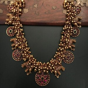 VeroniQ Trends-92.5 Hallmarked Silver Necklace With Elephant Motif 22 kt Antique Gold Plating-Temple Jewellery Laxmi Goddess-South Indian